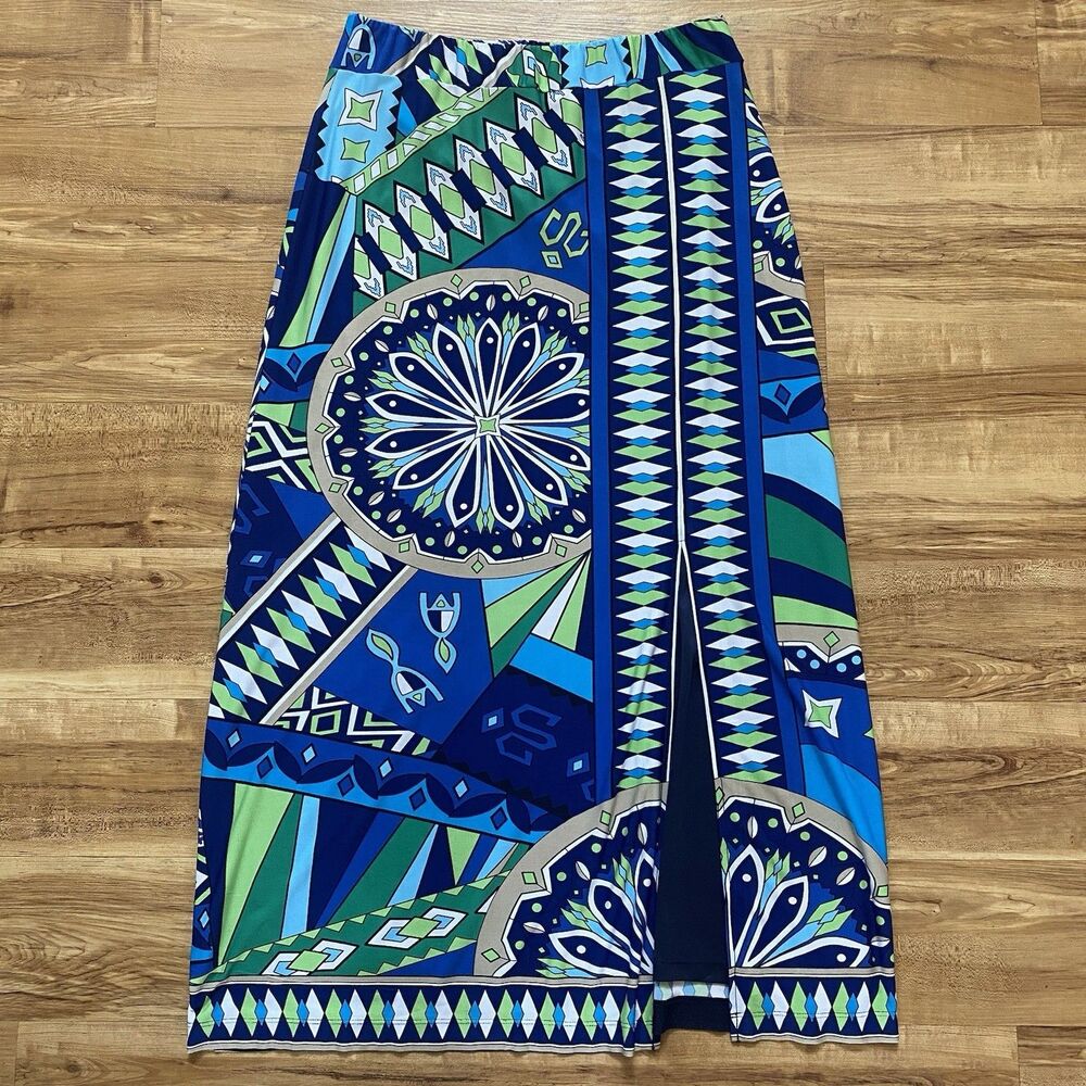 CHICO’S 1 M Blue A-Line Pull On Maxi Skirt Dopamine Geometric Art Southwestern